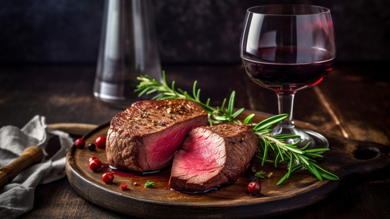 Steak with a glass of red wine