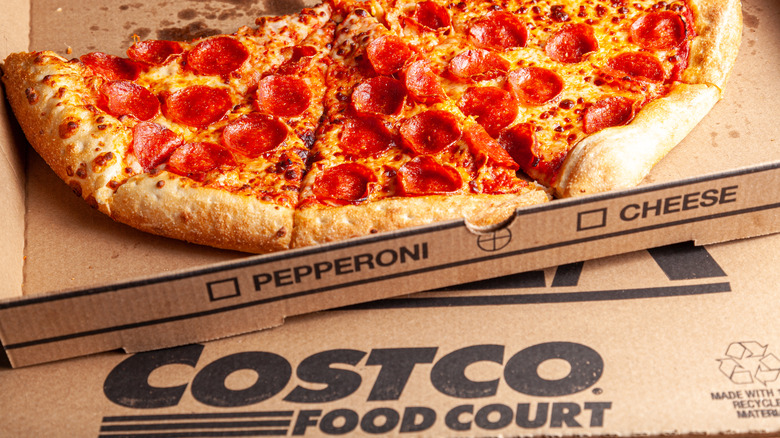 A Costco pepperoni pizza in its box