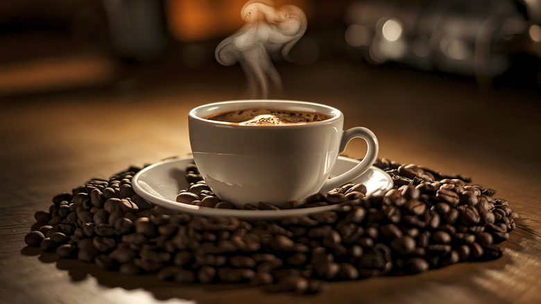 Cup of coffee surrounded by coffee beans