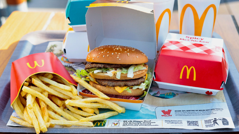 A big mac, fries, and McChicken on a tray.