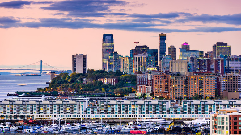 The skyline of Jersey City, New Jersey at sunset