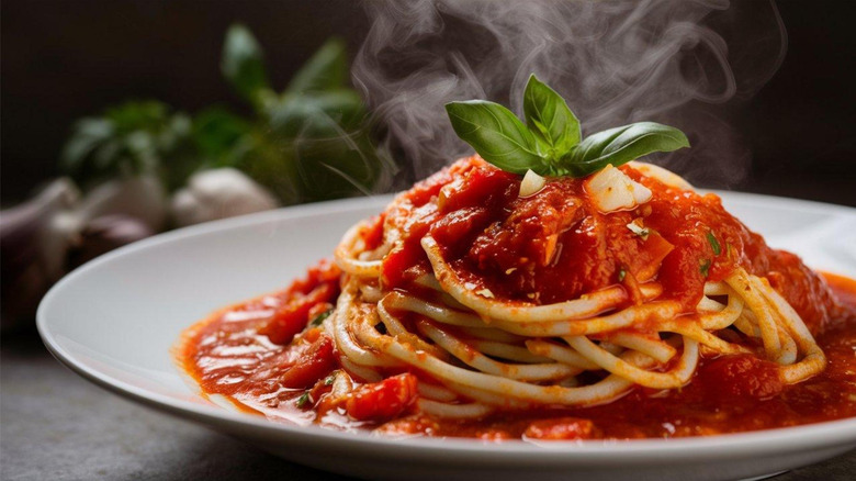 Plate of spaghetti marinara and basil